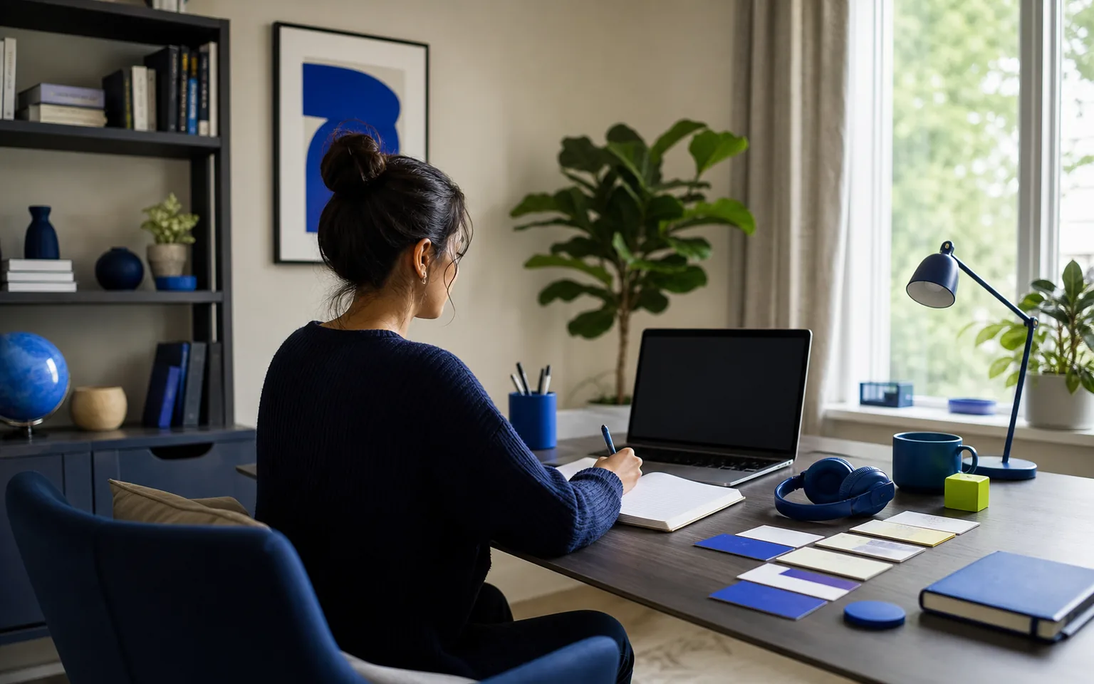 Adult learner reviewing an affiliate campaign plan in a practical home office