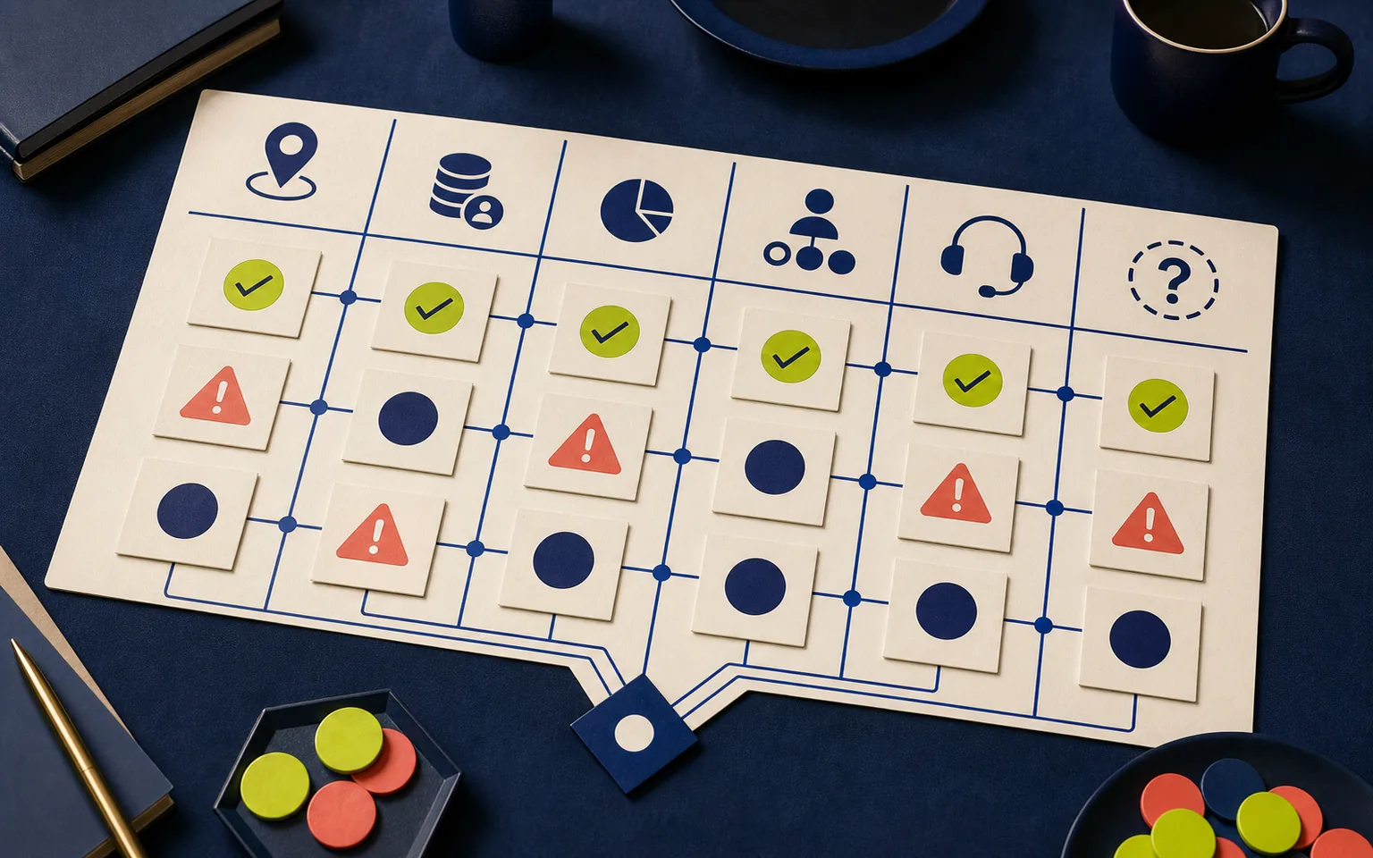 Decision board illustrating cost, time, support, policy and fit checks
