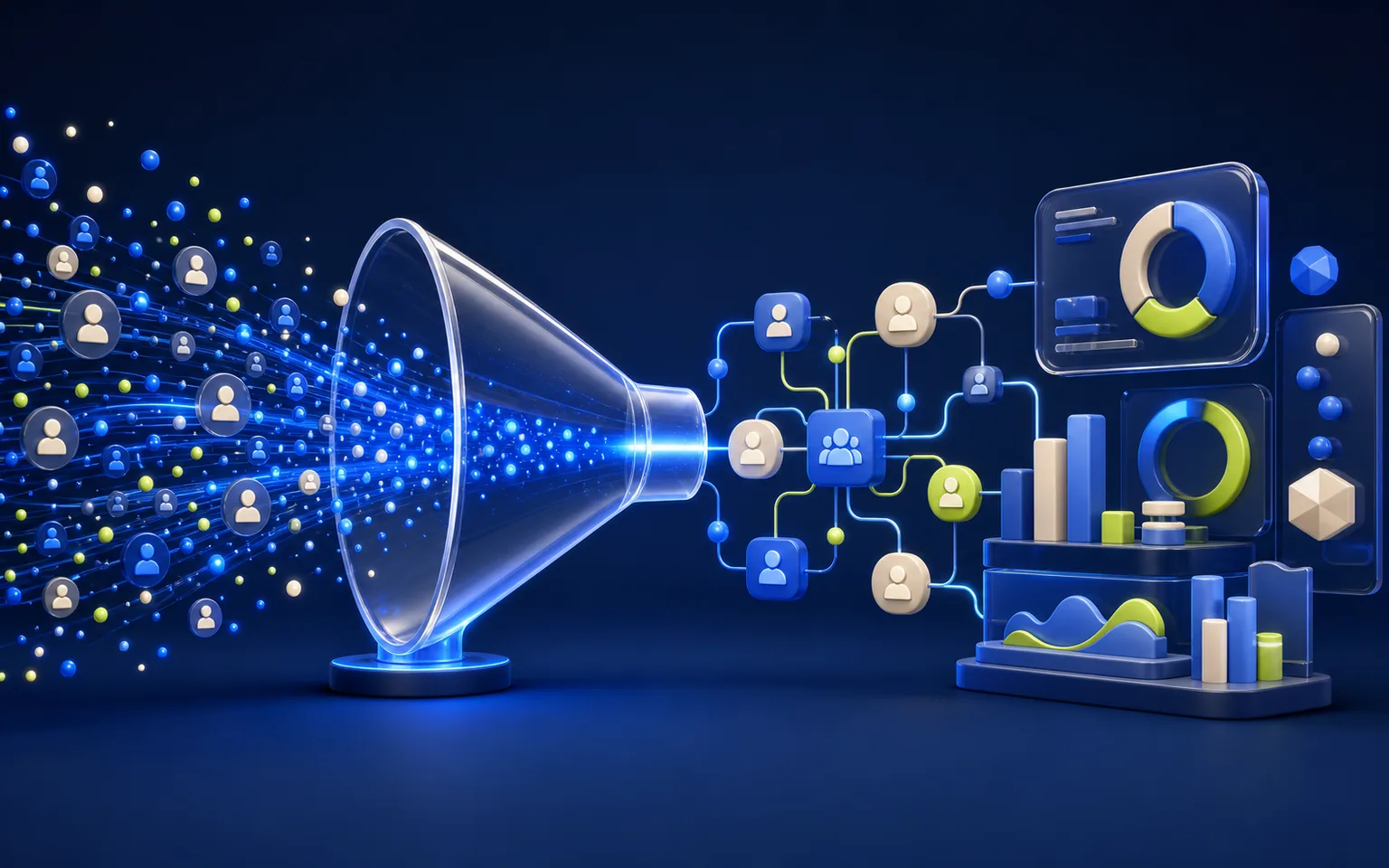 Campaign pathway connecting audience research, content, funnel, follow-up and measurement